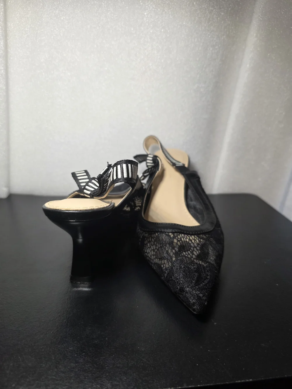 Black Lace Pointed Slingback Flats with Bow Accent